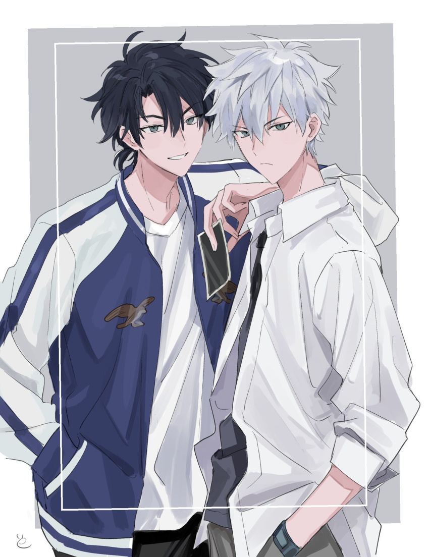 2boys arm_on_shoulder black_hair black_pants black_shirt blue_jacket border cheng_xiaoshi closed_mouth frown grey_background grey_eyes hand_in_pocket highres holding holding_photo jacket long_sleeves looking_at_viewer lu_guang male_focus mr_yheu multiple_boys open_clothes open_jacket open_shirt outside_border pants photo_(object) shiguang_dailiren shirt short_hair simple_background smile white_border white_hair white_shirt