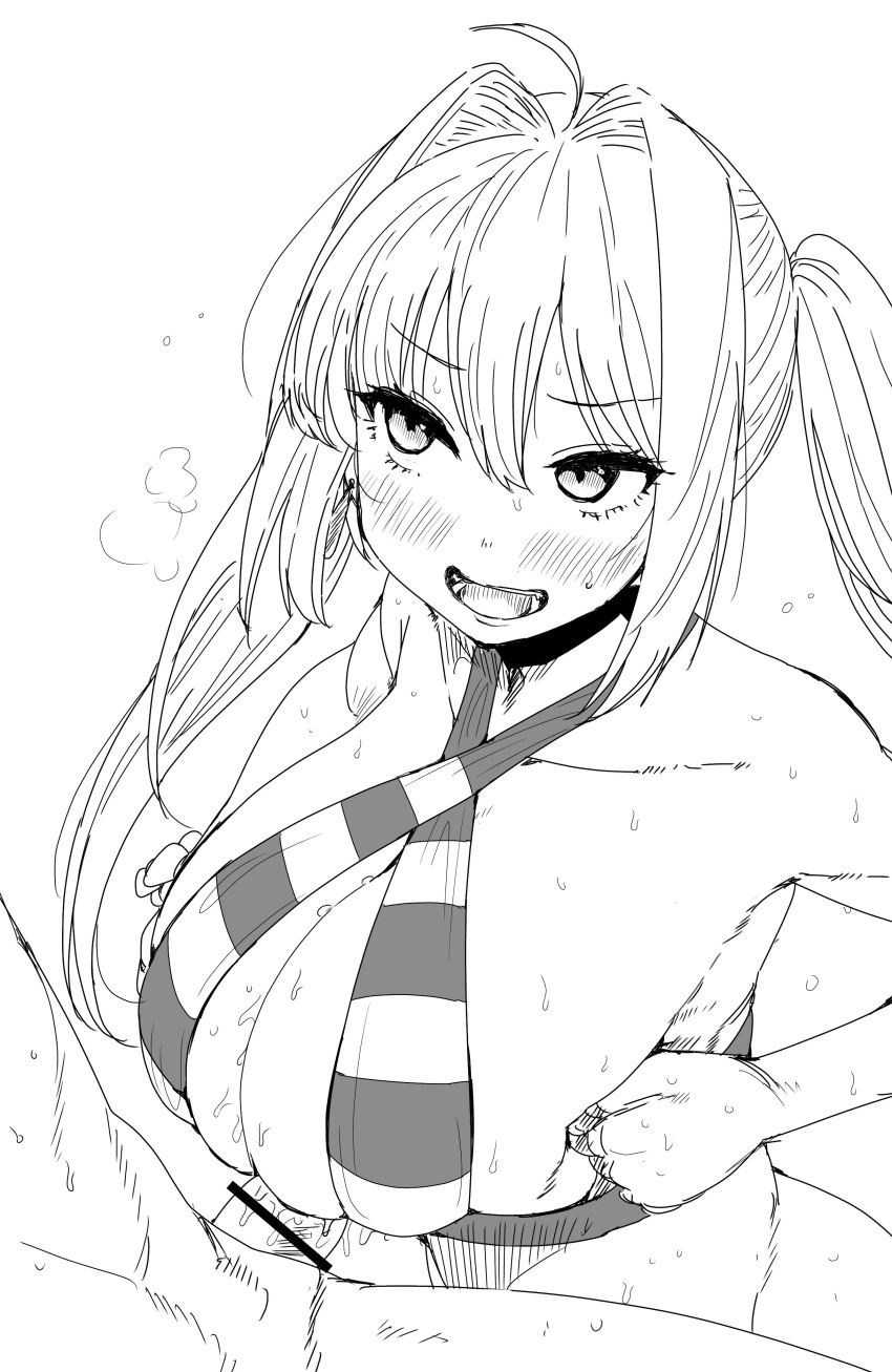 1boy 1girl absurdres ahoge bangs bar_censor blush breasts breath censored eyebrows_visible_through_hair fate/grand_order fate_(series) greyscale hair_between_eyes hair_intakes halterneck hetero highres huge_breasts kaiman_garupan long_hair monochrome nero_claudius_(fate) nero_claudius_(swimsuit_caster)_(fate) open_mouth paizuri penis simple_background sketch skindentation twintails wet white_background