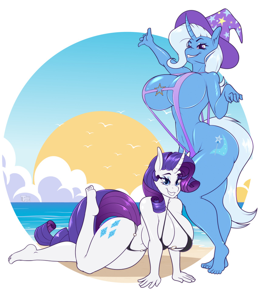 absurd_res anthro beach bikini breasts clothing cutie_mark digital_media_(artwork) duo equid equine female friendship_is_magic hasbro hi_res horn mammal my_little_pony rarity_(mlp) seaside swimwear tatemil trixie unicorn