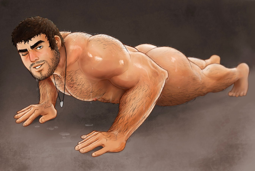 &gt;_o 1boy arm_hair ass back_hair bara black_hair blush chest_hair commission exercise facial_hair jewelry large_pectorals leg_hair looking_at_viewer male_focus muscular muscular_male necklace nipples nude one_eye_closed original parted_lips pectorals push-ups short_hair solo spacebaddy sweat sweatdrop thick_thighs thighs