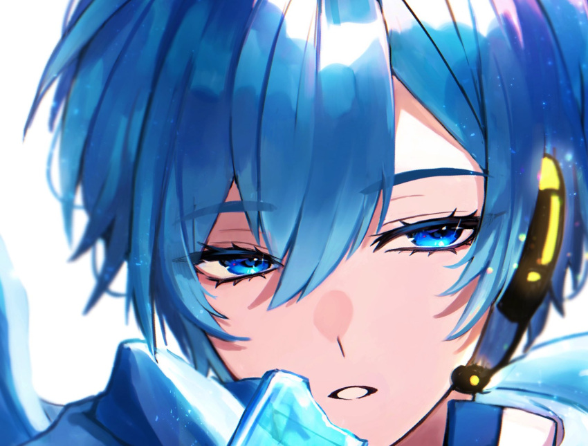 1boy bitten blue_eyes blue_hair blue_scarf half-closed_eyes headset highres ice_cream_bar kaito_(vocaloid) male_focus parted_lips portrait scarf solo ste_sou25 vocaloid white_background