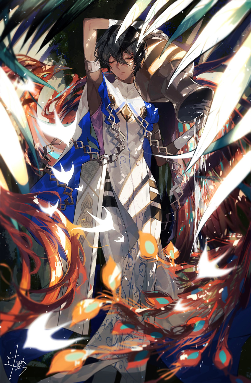 1boy absurdres arjuna_(fate) armlet arms_up bangs bird black_eyes black_hair blue_cape bracelet cape closed_eyes closed_mouth dark-skinned_male dark_skin fate/extella fate/extella_link fate/extra fate/grand_order fate_(series) feet_out_of_frame gloves hair_between_eyes highres holding holding_vase indian_clothes jewelry male_focus palm_tree phoenix shirt short_hair signature sleeveless solo spilling sqloveraven tree vase water white_cape white_gloves white_shirt