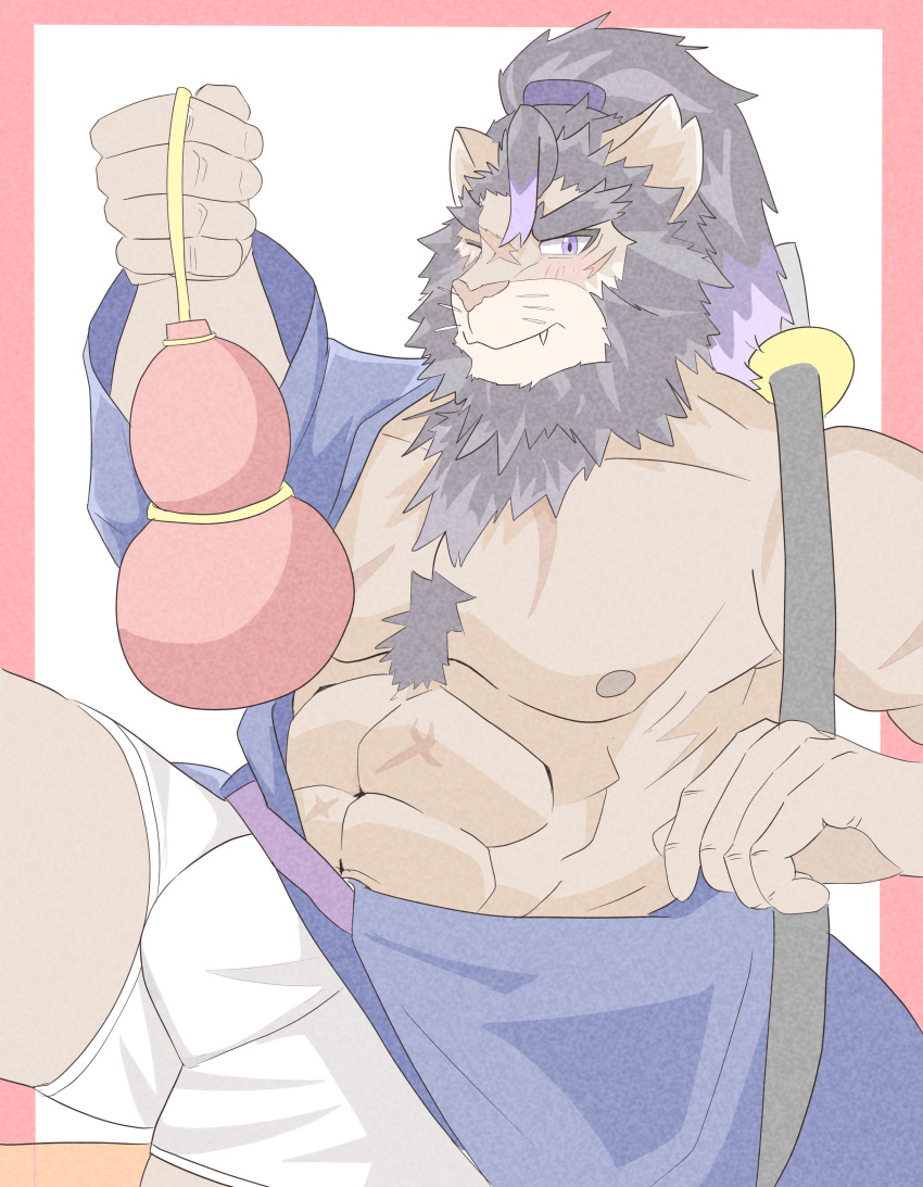 abs absurd_res anthro blush body_hair brown_body brown_fur bulge fur gourd happy_trail hi_res ho_jiro katana lifewonders live-a-hero male melee_weapon muscular muscular_anthro muscular_male nipples pecs solo sword toshu video_games weapon