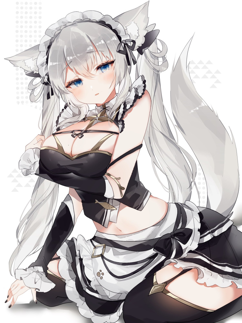 1girl animal_ears apron blush breasts fox_ears fox_girl fox_tail highres indie_virtual_youtuber large_breasts looking_at_viewer maid maid_apron maid_headdress pale_skin solo sorani_(kaeru0768) tail thick_thighs thighhighs thighs virtual_youtuber yurina_rin