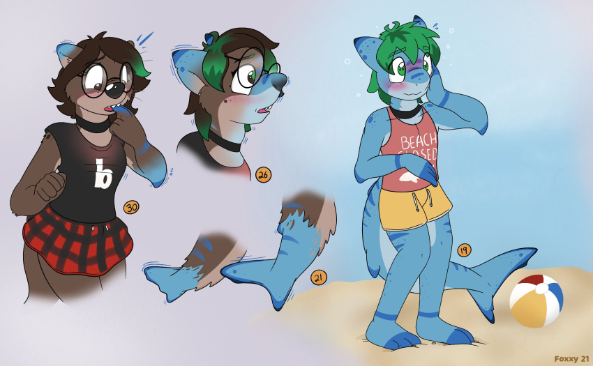 anthro ball beach beach_ball blush bottomwear clothing collar eyewear fish foxx glasses hi_res inflatable kilt lutrine male mammal marine mustelid sand seaside shark shirt shorts solo standing tank_top topwear transformation