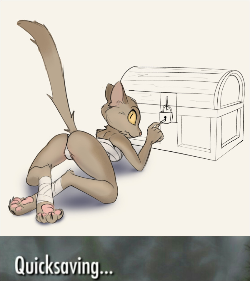 ... 2021 4_toes all_fours bethesda_softworks brown_body brown_fur butt chest_wraps clothing english_text feet felid female fingers footwraps fur hi_res khajiit lockpick lockpicking looking_at_viewer looking_back mammal schmutzo solo text the_elder_scrolls toes treasure_chest underwear video_games wraps yellow_eyes