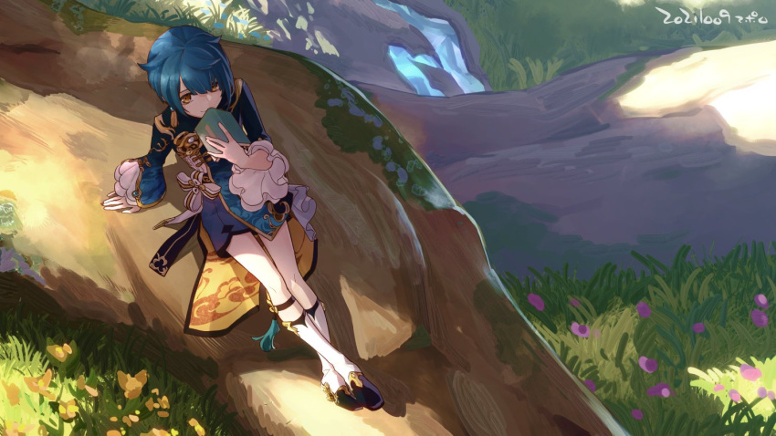 1boy apollo_hotori arm_support asymmetrical_bangs bangs blue_hair blue_shorts book boots commentary earrings flower frilled_sleeves frills from_above genshin_impact grass high_heels holding holding_book jewelry long_coat long_sleeves short_hair shorts single_earring sitting tree wide_sleeves xingqiu_(genshin_impact) yellow_eyes