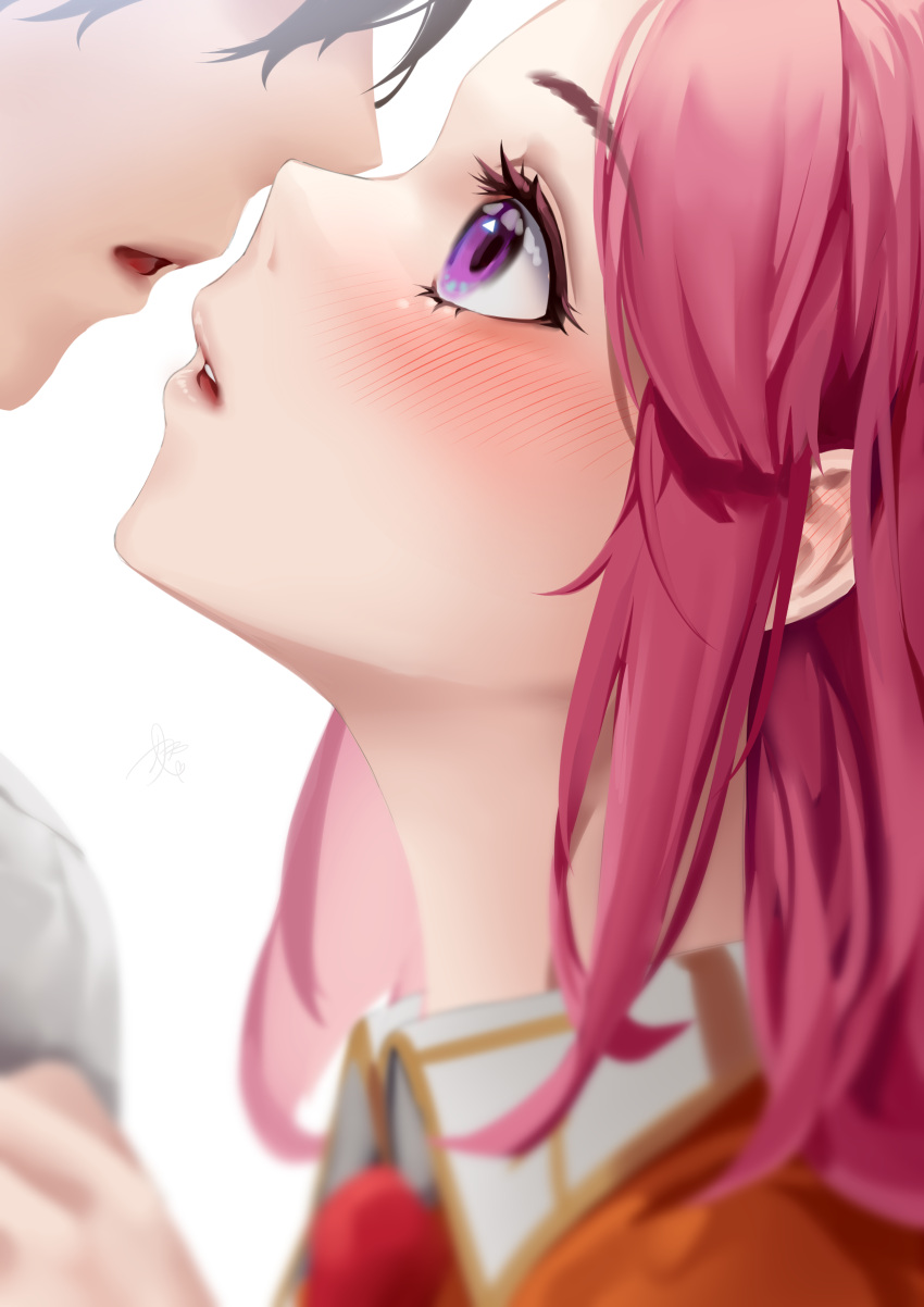 1boy 1girl absurdres blurry blush commander_(last_origin) depth_of_field hetero highres imminent_kiss last_origin orangeade_(last_origin) out_of_frame pink_eyes pink_hair simple_background surprised teddyellow white_background