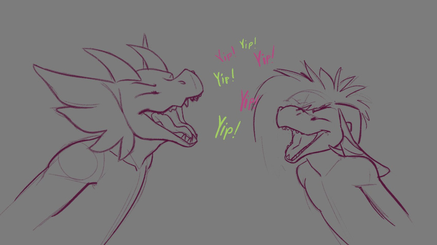 anthro curled_horns dragon duo eyes_closed featureless_chest grey_background hi_res horn kobold kolu_(koluthings) koluthings kyukyu long_ears male open_mouth simple_background sound_effects teeth tongue