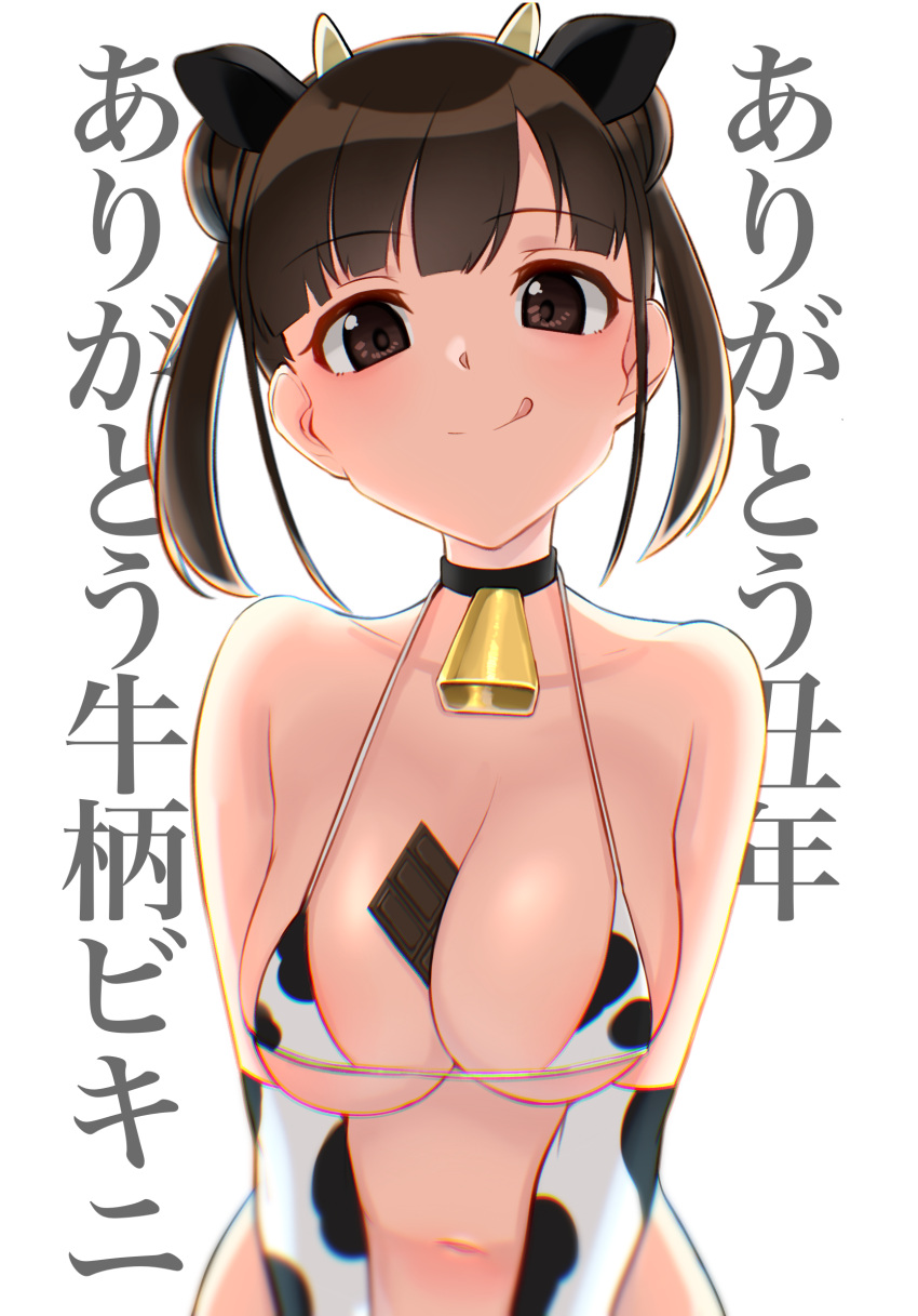 0:00 1girl :q animal_ears animal_print background_text bell between_breasts bikini black_choker breasts brown_eyes brown_hair candy chinese_zodiac chocolate chocolate_bar choker cleavage closed_mouth commentary cow_ears cow_horns cow_print cowbell double_bun elbow_gloves eyebrows_visible_through_hair food gloves halterneck highres horns idolmaster idolmaster_shiny_colors large_breasts licking_lips looking_at_viewer navel neck_bell new_year print_bikini print_gloves short_hair sidelocks simple_background smile solo sonoda_chiyoko swimsuit thank_you tongue tongue_out translated upper_body v_arms white_background white_bikini white_gloves year_of_the_ox