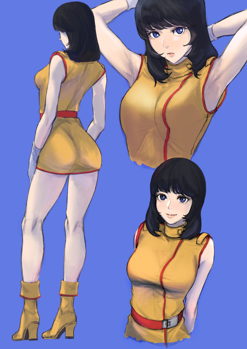 1girl absurdres armpits arms_behind_back bangs black_hair blue_background blue_eyes blush breasts cropped_torso fa_yuiry from_behind gundam high_heels highres jacket looking_at_viewer medium_breasts medium_hair nori_(arara105) parted_lips skirt sleeveless sleeveless_jacket smile yellow_footwear yellow_jacket yellow_skirt zeta_gundam