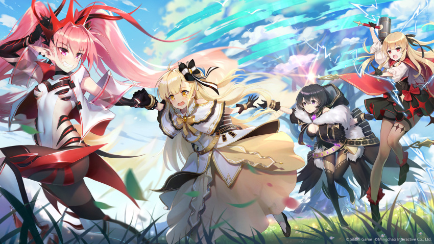 4girls ark_order artist_request baldr_(ark_order) black_bow black_eyes black_footwear black_gloves black_hair black_legwear black_leotard black_skirt blonde_hair boots bow breasts brown_legwear dress elbow_gloves electricity gloves grass grin hair_bow hair_ribbon highres hodr_(ark_order) holding_hands horns large_breasts leotard loki_(ark_order) long_hair long_sleeves mjolnir_(mythology) multiple_girls official_art pantyhose pink_eyes pink_hair pointing_at_another pointy_ears puffy_long_sleeves puffy_sleeves red_eyes ribbon running shirt skirt small_breasts smile thigh_boots thigh_strap thighhighs thor_(ark_order) twintails very_long_hair vest white_leotard white_shirt white_vest yellow_dress yellow_eyes