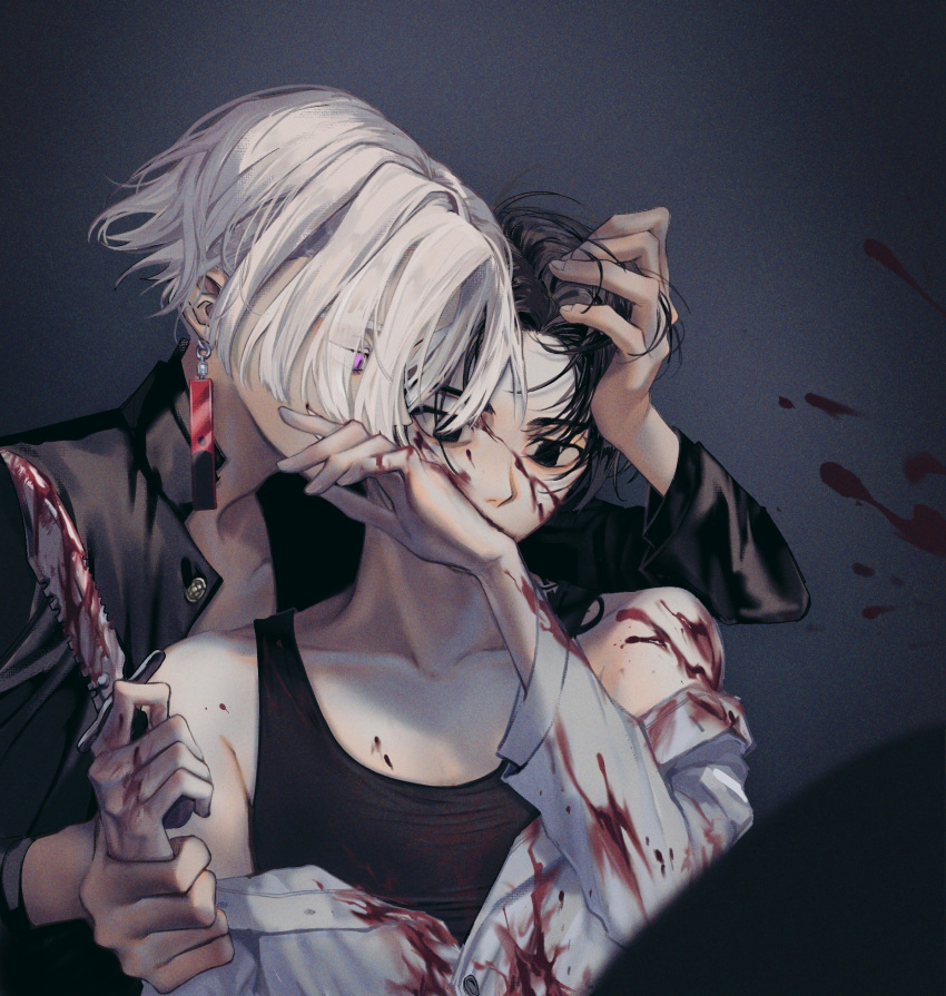 2boys bangs black_background black_hair black_jacket blood blood_on_clothes blood_on_face blood_splatter earrings empty_eyes hand_on_another's_head hand_up highres holding_another's_arm jacket jewelry kurokawa_izana long_sleeves male_focus multiple_boys off_shoulder pago0024 purple_eyes sano_manjirou shirt short_hair single_earring tank_top tokyo_revengers white_hair white_shirt