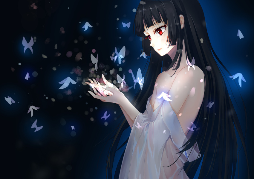 1girl black_hair blue_background bug butterfly chenxiaxia enma_ai highres jigoku_shoujo long_hair red_eyes smile solo