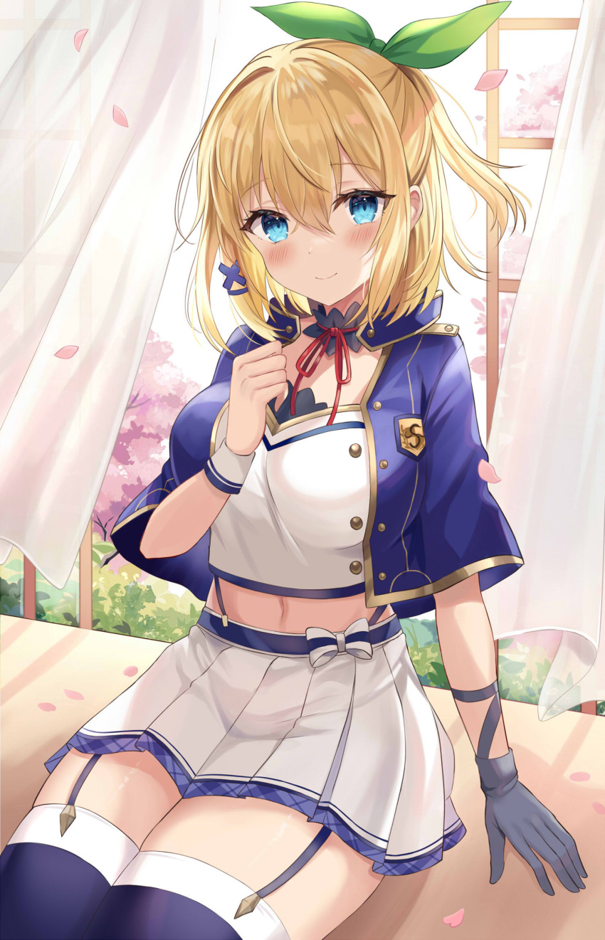 1girl alzano_school_uniform bangs blonde_hair blue_capelet blue_eyes blue_legwear blush bow capelet closed_mouth commentary_request cowboy_shot curtains eyebrows_visible_through_hair foliage garter_straps gloves green_bow grey_gloves hair_between_eyes hair_bow hair_ornament hairclip hand_up highres indoors looking_at_viewer medium_hair midriff multicolored_bow navel petals pleated_skirt red_ribbon retsuto ribbon rokudenashi_majutsu_koushi_to_akashic_record rumia_tingel school_uniform shirt sidelocks single_glove sitting skirt smile solo suspender_skirt suspenders thighhighs tree waist_bow white_shirt white_skirt wind window wrist_cuffs x_hair_ornament zettai_ryouiki