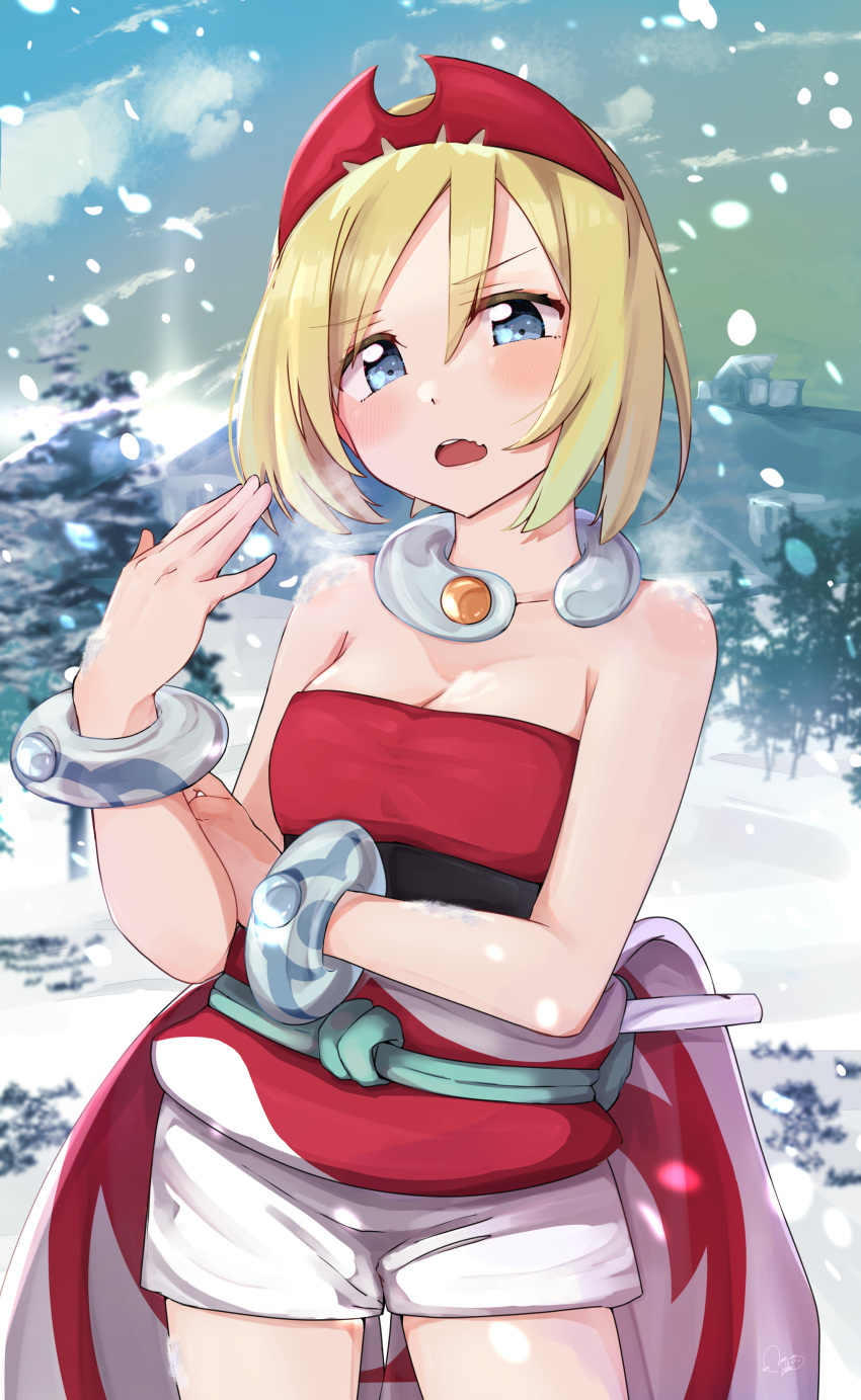 1girl absurdres bangs blonde_hair blue_eyes blush bracelet breasts breath cleavage cloud collar collarbone commentary_request day eyelashes hairband hand_up highres irida_(pokemon) jewelry looking_at_viewer nyako_(utaneko31) open_mouth outdoors pokemon pokemon_(game) pokemon_legends:_arceus red_hairband red_shirt sash shirt short_hair shorts sky snow snowing solo strapless strapless_shirt teeth tongue tree upper_teeth white_shorts