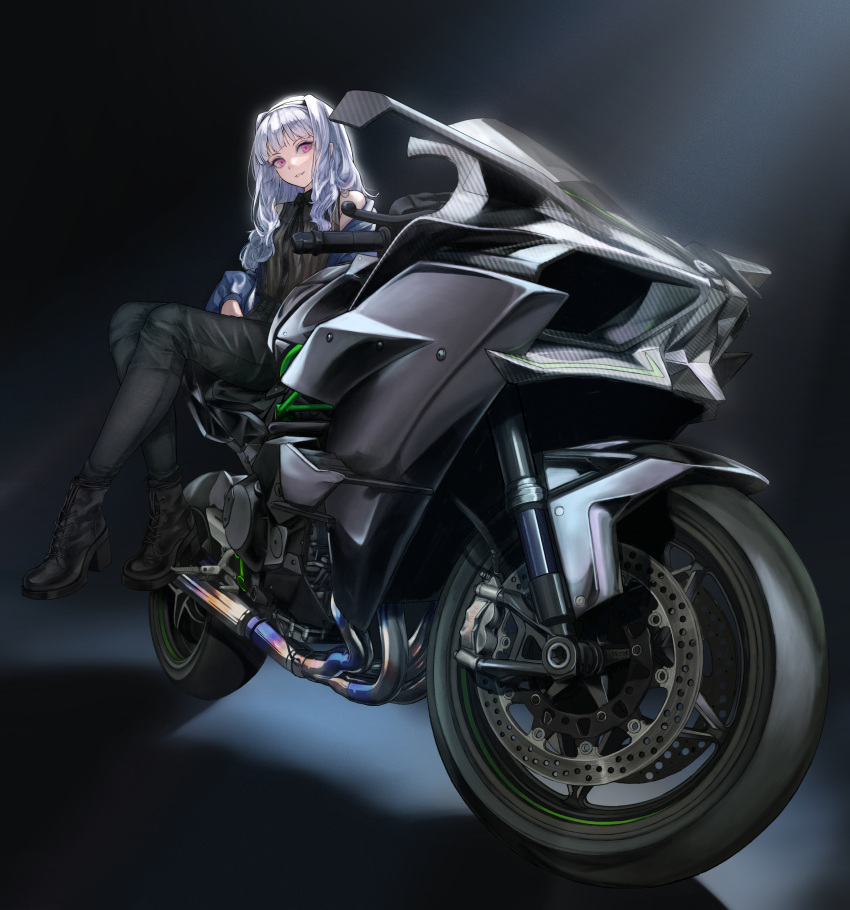 1girl absurdres bare_shoulders black_background black_pants black_ribbon black_shirt boots commentary_request ground_vehicle hairband high_heel_boots high_heels highres idolmaster idolmaster_(classic) inumantle long_hair looking_at_viewer motor_vehicle motorcycle neck_ribbon off_shoulder on_motorcycle pants purple_eyes ribbon shijou_takane shirt silver_hair sleeveless sleeveless_shirt solo white_hairband