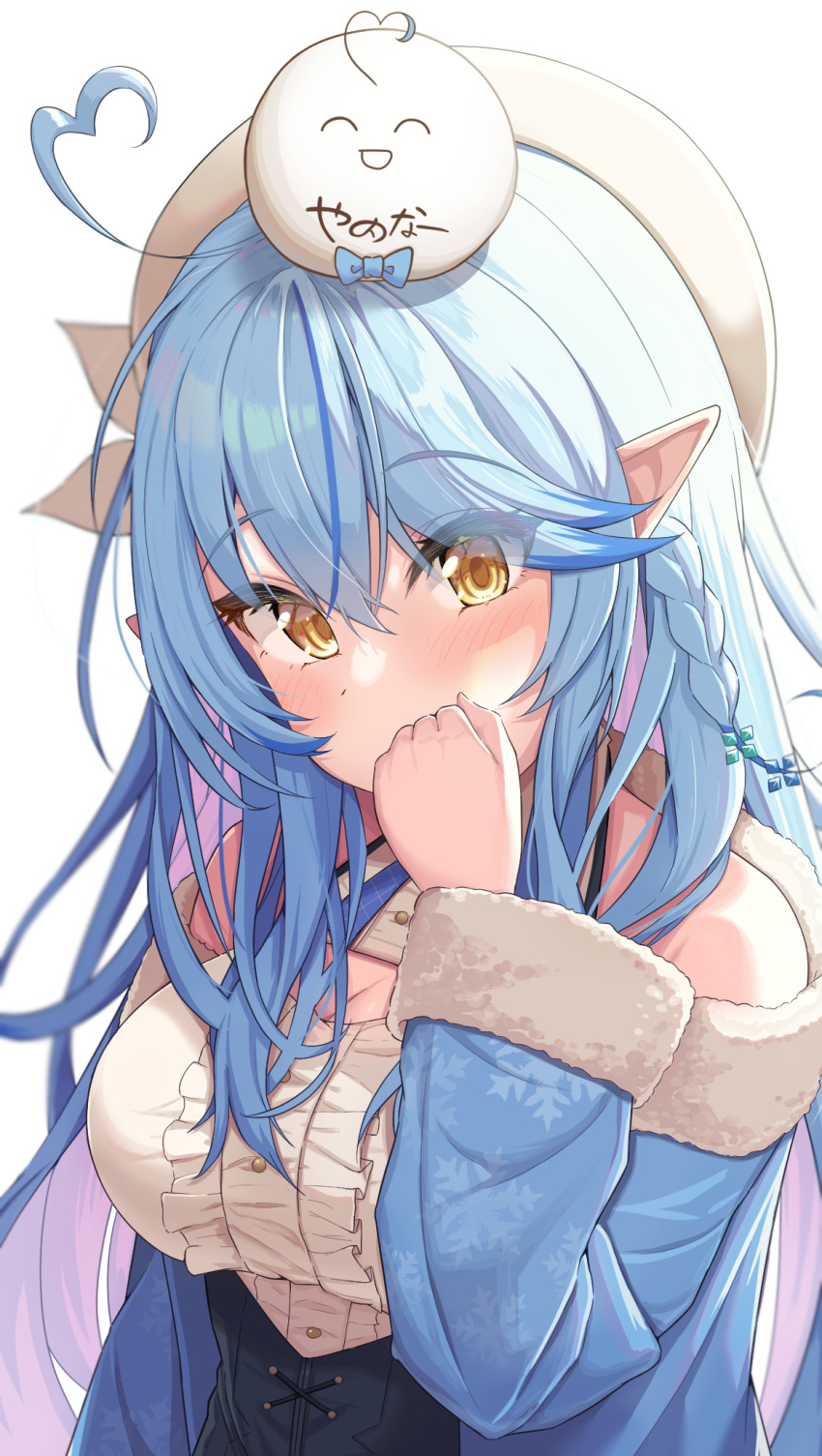 1girl ahoge bangs blue_hair blue_jacket blush braid breasts corset covering_mouth creature_on_head elf eyebrows_visible_through_hair eyes_visible_through_hair frilled_shirt frills fur-trimmed_jacket fur_trim hair_between_eyes hat heart_ahoge highres hololive jacket large_breasts long_hair long_sleeves looking_at_viewer open_clothes open_jacket pointy_ears shirt simple_background snowflakes solo suicabar72 translation_request virtual_youtuber white_background white_headwear white_shirt yukihana_lamy