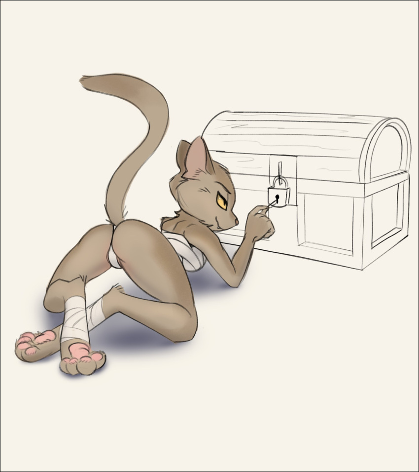... 2021 4_toes all_fours bethesda_softworks brown_body brown_fur butt chest_wraps clothing english_text feet felid female fingers footwraps fur hi_res khajiit lockpick lockpicking looking_at_viewer mammal schmutzo smile solo text the_elder_scrolls toes treasure_chest underwear video_games wraps yellow_eyes