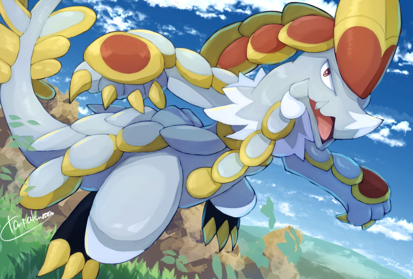 bright_pupils brown_eyes claws cloud commentary_request day grass highres kommo-o looking_at_viewer no_humans open_mouth outdoors pokemon pokemon_(creature) signature sky solo tanpakuroom tongue white_pupils
