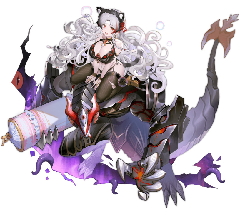 1girl :d animal_ears ark_order armlet bare_shoulders black_bra black_hairband black_legwear bra bracelet braid breasts cat_ears cat_tail choker cthulhu_mythos dragon fishnet_legwear fishnets flower frilled_hairband frills full_body garter_straps hair_flower hair_ornament hair_ribbon hairband holding holding_pillow huge_breasts jewelry long_hair looking_at_viewer mole mole_under_eye multicolored_hair navel nyog'sothep_(ark_order) official_art open_mouth pillow pppppan red_eyes red_flower red_hair red_ribbon red_rose ribbon ring rose side_braids sitting smile solo streaked_hair tail thighhighs transparent_background twin_braids underwear very_long_hair wariza wavy_hair white_hair