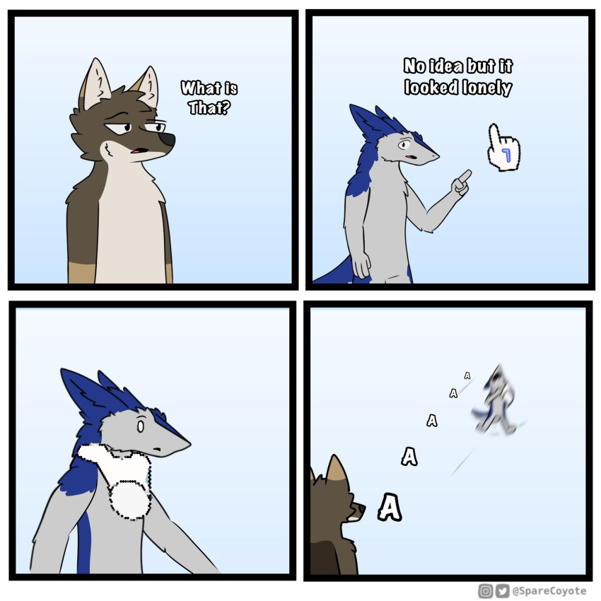 anthro blue_body blue_fur brown_body brown_fur canid canine canis comic coyote dialogue disembodied_hand duo fur grey_body grey_fur hand_on_neck hi_res humor male mammal nintendo screaming sergal spare_(sparecoyote) sparecoyote video_games wii