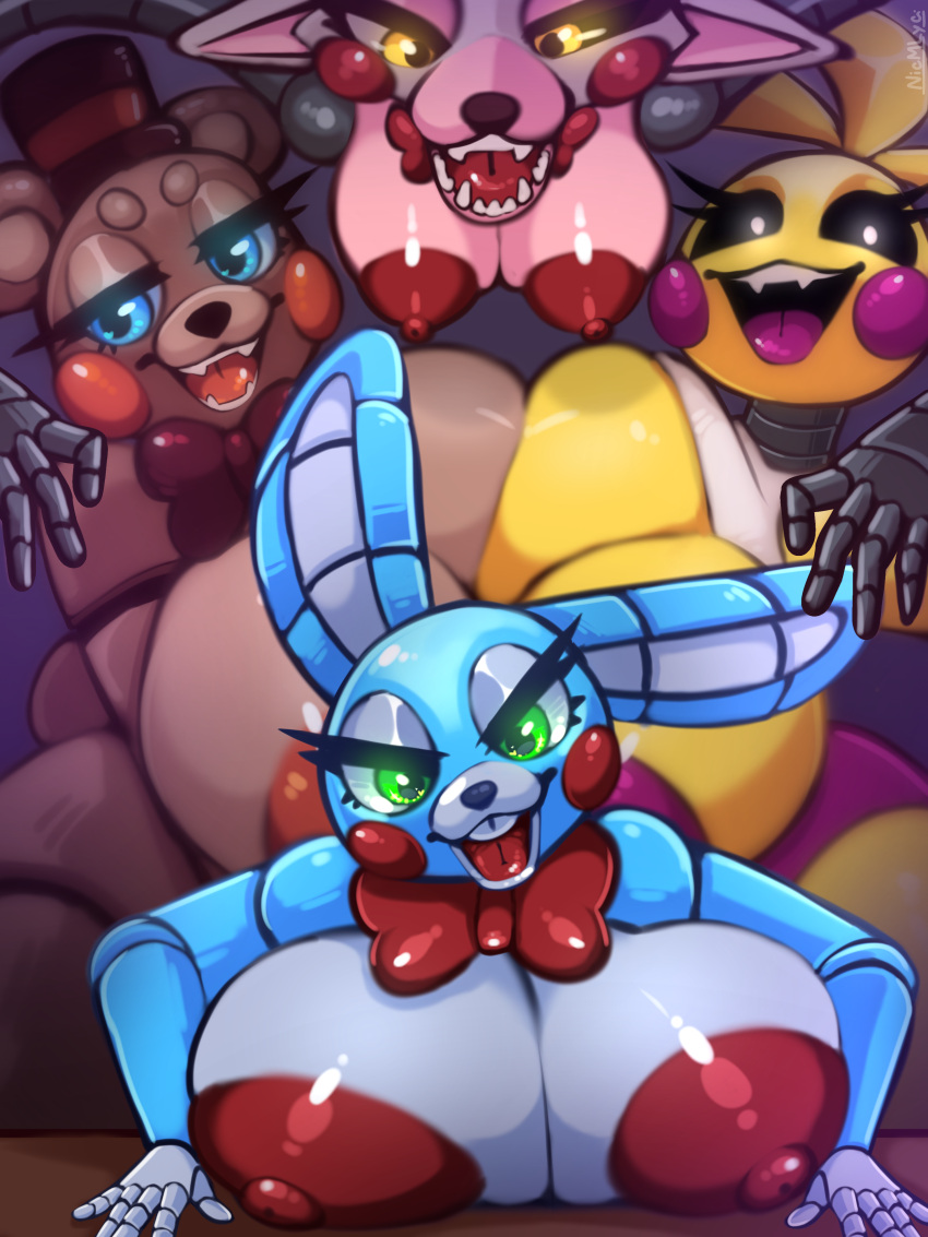 absurd_res animatronic anthro areola avian big_breasts bird breasts canid canine chicken curvy_figure exposed_breasts fangs female female/female five_nights_at_freddy's five_nights_at_freddy's_2 fox galliform gallus_(genus) glistening glistening_body glowing glowing_eyes group hi_res lagomorph leporid machine mammal mangle_(fnaf) nic-m-lyc phasianid rabbit robot scottgames toy_bonnie_(fnaf) toy_chica_(fnaf) toy_freddy_(fnaf) ursid video_games voluptuous wide_hips