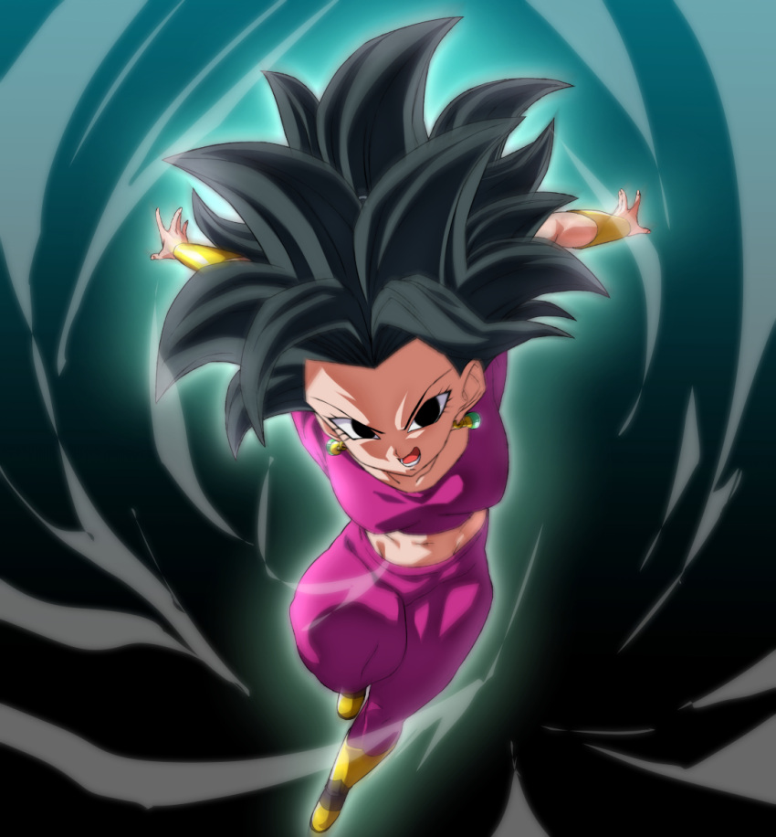 1girl black_eyes black_hair boots breasts charging_forward crop_top dragon_ball dragon_ball_super earrings jewelry kefla_(dragon_ball) looking_at_viewer midriff navel pants potara_earrings rom_(20) solo spiked_hair