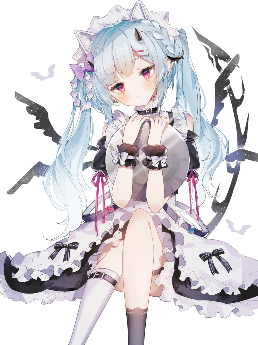 1girl airi_(vtuber) apron blue_hair blush demon demon_girl demon_horns demon_tail demon_wings head_tilt highres horns indie_virtual_youtuber looking_at_viewer maid maid_apron maid_headdress pale_skin purple_eyes solo sorani_(kaeru0768) tail twintails virtual_youtuber white_background wings