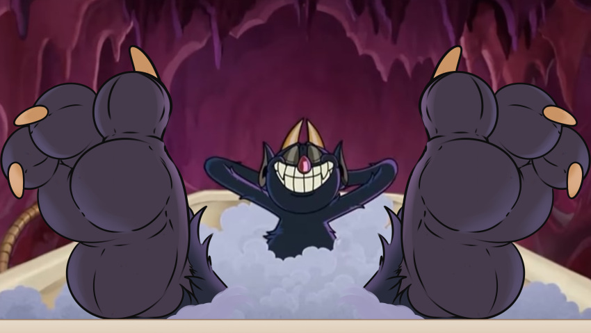 absurd_res animate_inanimate cuphead_(game) demon feet fur genitals hi_res horn humanoid hyper incrediblecrocodile male muscular not_furry paws penis smile solo the_devil_(cuphead) video_games