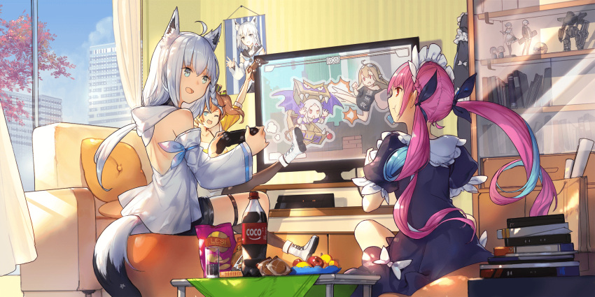 3girls :d ahoge animal_ears aqua_hair ark_order artist_request black_legwear black_ribbon blue_dress blue_eyes book boots brand_name_imitation brown_hair building chips coca-cola controller couch detached_sleeves dress drill_hair figure flat_screen_tv food fox_ears fox_tail game_controller goblin_(ark_order) hair_ribbon health_bar highres hololive indoors kicking leg_up long_hair long_sleeves looking_at_another maid maid_headdress mimic_(ark_order) minato_aqua multicolored_hair multiple_girls natsuiro_matsuri pantyhose pink_hair playing_games potato_chips pout puffy_short_sleeves puffy_sleeves ribbon shelf shirakami_fubuki shirt short_sleeves sitting smile table tail television tree twin_drills twintails two-tone_hair very_long_hair virtual_youtuber white_footwear white_hair white_shirt window