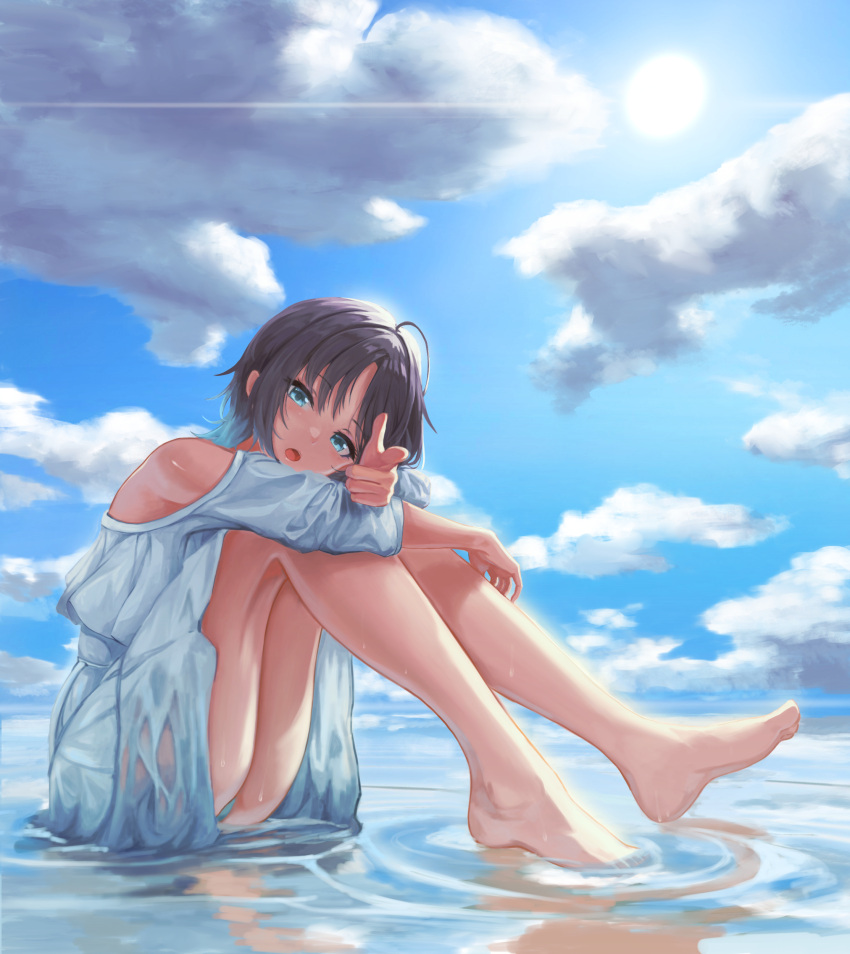 1girl absurdres ahoge aqua_eyes asakura_tooru bare_legs barefoot black_hair blue_hair blue_sky cloud day dress gradient_hair highres hugging_own_legs idolmaster idolmaster_shiny_colors inumantle looking_at_viewer multicolored_hair open_mouth outdoors pointing shallow_water short_hair sky solo sun thighs water white_dress