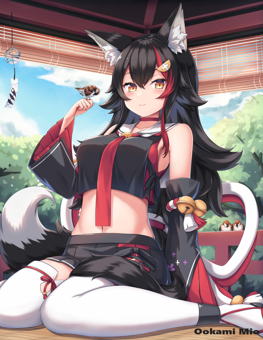 1girl absurdres animal_ear_fluff animal_ears bird bird_on_hand black_hair black_skirt breasts character_name choker closed_mouth commentary_request crop_top detached_sleeves hair_ornament hairclip highres hololive large_breasts long_hair looking_at_viewer midriff miniskirt multicolored_hair navel necktie ookami_mio pleated_skirt red_choker red_hair red_necktie shirt sitting skirt sleeveless sleeveless_shirt sparrow stomach streaked_hair tail thighhighs tousaki_(tousakiworks) very_long_hair virtual_youtuber wariza white_legwear wind_chime wolf_ears wolf_girl wolf_tail yellow_eyes