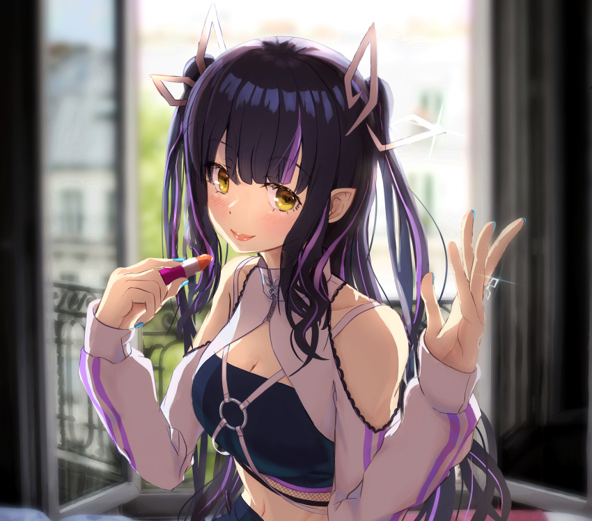 1girl absurdres backlighting bangs black_hair black_skirt black_tube_top blunt_bangs blurry blurry_background blush botan_(oacdrykafjf3g3d) breasts cleavage closed_mouth clothing_cutout commentary_request cosmetics day demon_girl demon_horns eyebrows_visible_through_hair glint highres holding holding_lipstick_tube horns indoors jacket jewelry kojo_anna lace_trim lipstick lipstick_tube long_hair long_sleeves looking_at_viewer makeup medium_breasts midriff multicolored_hair navel official_alternate_costume open_window pointy_ears purple_hair ring shoulder_cutout shrug_(clothing) skirt smile solo strapless sugar_lyric tube_top two-tone_hair upper_body virtual_youtuber white_jacket window yellow_eyes