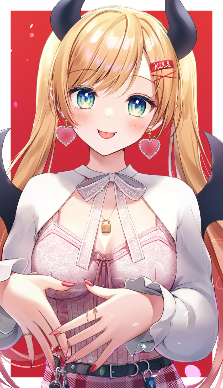 1girl :d bangs blonde_hair blush breasts cleavage commentary_request demon_girl demon_horns demon_wings dress earrings eyebrows_visible_through_hair fingernails green_eyes hair_ornament hairclip head_tilt heart heart_earrings highres hololive horns jewelry lock long_fingernails long_hair long_sleeves looking_at_viewer medium_breasts momoshiki_tsubaki padlock pink_dress pink_nails puffy_long_sleeves puffy_sleeves red_background red_nails revision sharp_fingernails shrug_(clothing) smile solo twintails two-tone_background upper_body very_long_hair virtual_youtuber white_background wings x_hair_ornament yuzuki_choco