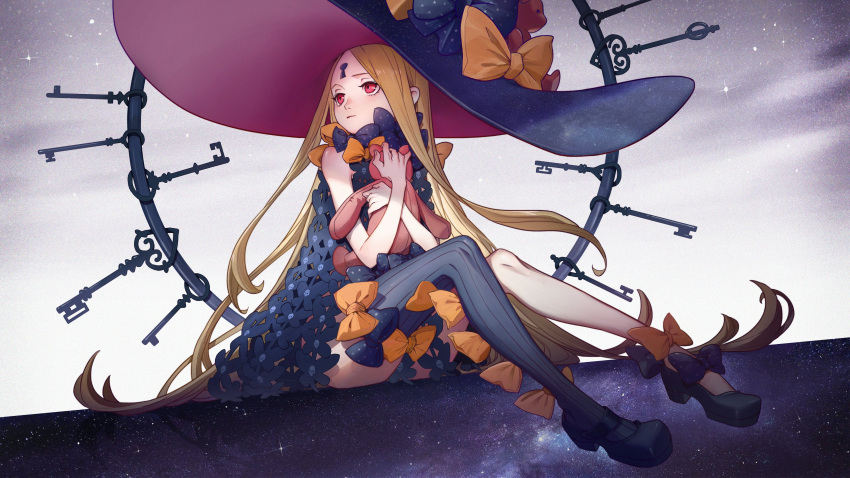 1girl abigail_williams_(fate) absurdres bangs black_bow black_dress black_headwear blonde_hair bow cloud cloudy_sky dress fate/stay_night fate_(series) forehead hair_bow hat highres key keyhole kuzen long_hair looking_to_the_side multiple_bows multiple_hair_bows orange_bow parted_bangs polka_dot polka_dot_bow purple_bow red_eyes sitting sky solo stuffed_toy underwear very_long_hair witch_hat