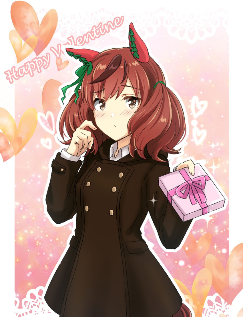 1girl bangs black_coat blush box brown_eyes brown_hair closed_mouth coat commentary_request dress_shirt ear_covers english_text eyebrows_visible_through_hair gift giving hair_tie hand_in_hair happy_valentine heart highres holding holding_gift kuon_kimi light_frown long_sleeves looking_at_viewer medium_hair nice_nature_(umamusume) outline partial_commentary shirt solo sparkle standing twintails umamusume valentine white_outline white_shirt wing_collar