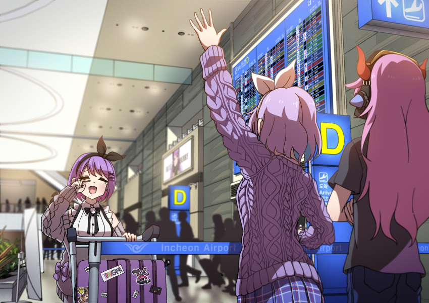 3girls airport arm_up black_bow black_bowtie blurry blurry_background blush bow bow_hairband bowtie buwonte closed_mouth crazy_raccoon crossed_arms hair_ornament hairband headphones highres indoors long_hair long_sleeves multiple_girls nijisanji nijisanji_kr nun_bora open_mouth people pink_hair plaid plaid_skirt pleated_skirt purple_hair purple_sweater pushcart selly55 shirt short_hair skirt stanchion suitcase sweater tearing_up tears tokoyami_towa waving white_shirt wiping_tears x_hair_ornament