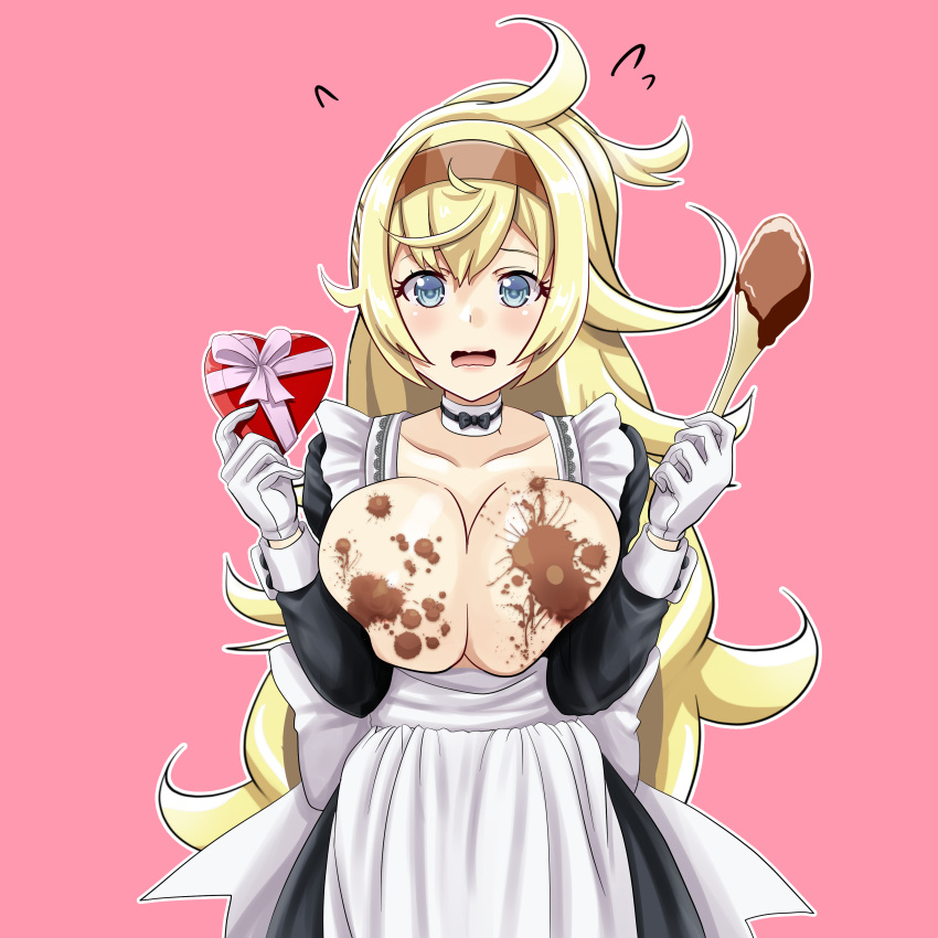 1girl absurdres apron blonde_hair blue_eyes blush box breasts buttons chocolate chocolate_on_breasts collarbone flying_sweatdrops gambier_bay_(kancolle) gift gift_box hair_between_eyes heart-shaped_box highres holding holding_gift kantai_collection large_breasts long_hair long_sleeves open_mouth pink_background ponytail simple_background solo tk8d32 upper_body valentine white_apron