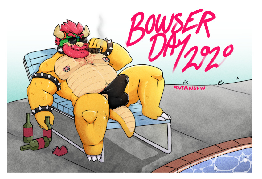 absurd_res beard bodily_fluids bowser bowser_day bulge cigar clothing eyewear facial_hair genital_fluids hi_res koopa male mario_bros nintendo nipple_piercing nipples outcast-stars piercing precum precum_through_clothing scalie solo sunglasses video_games wet wet_clothing