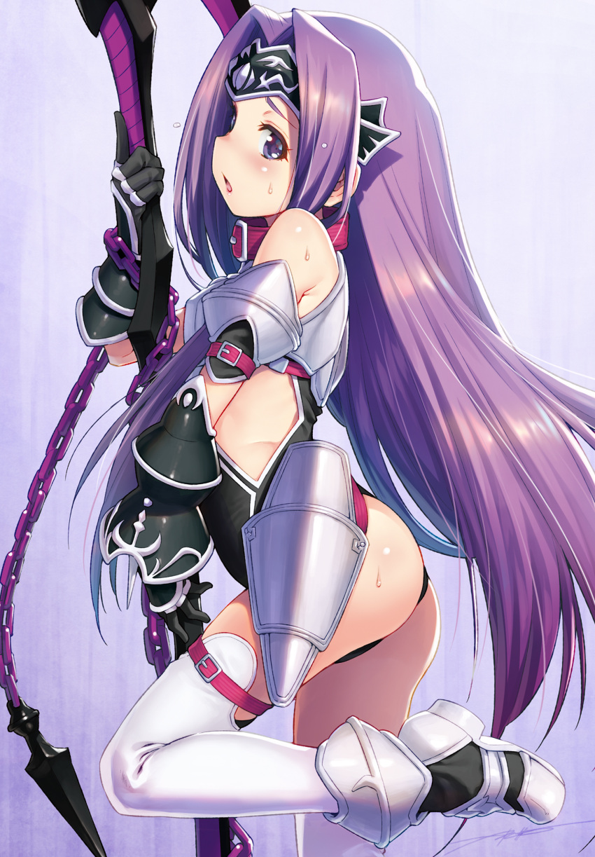 1girl ass bare_shoulders black_leotard blush fate/grand_order fate/stay_night fate_(series) from_behind highres kazuma_muramasa leotard long_braid long_hair looking_at_viewer looking_back medusa_(fate) medusa_(lancer)_(fate) open_mouth purple_eyes purple_hair scythe shiny shiny_hair shiny_skin solo sweat very_long_hair younger