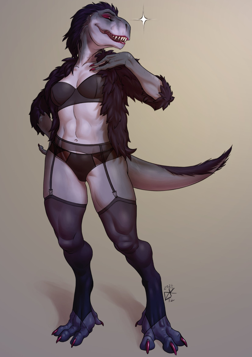 abs anthro breasts dinosaur eyebrows eyelashes feet female fingers hair hi_res ldr non-mammal_breasts nude reptile scalie smile solo teeth toes