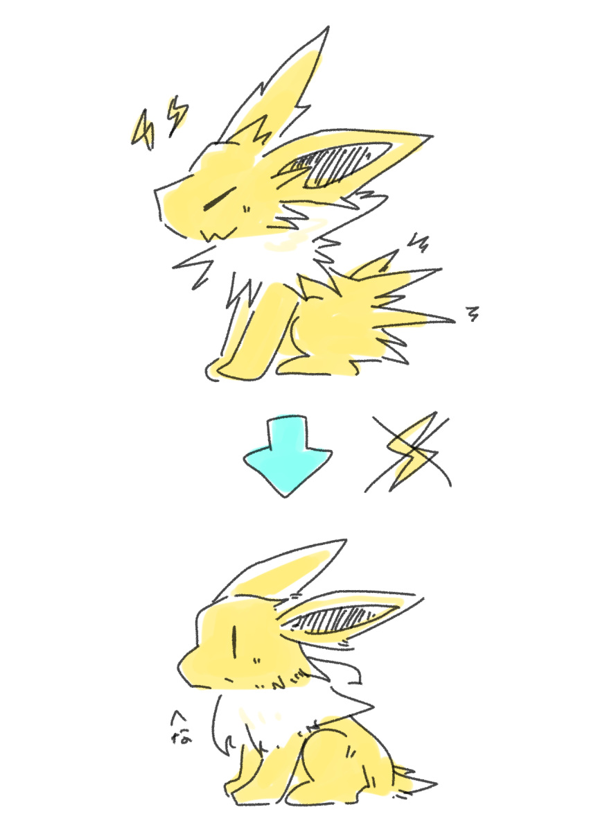 ambiguous_gender arrow black_inner_ear chaba cross-hatching eeveelution electricity feral fur hatching_(art) hi_res japanese_text jolteon meme nintendo pok&eacute;mon pok&eacute;mon_(species) shaded simple_background sketch solo text translation_request video_games white_background white_body white_fur yellow_body yellow_fur