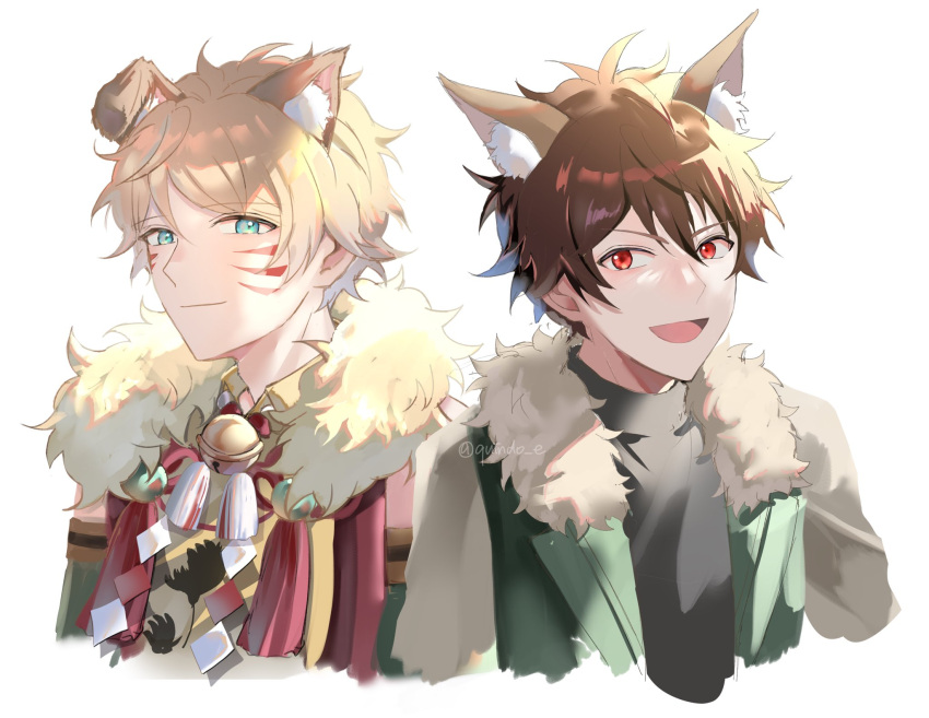 2boys animal_ears bell blonde_hair blue_eyes blush brown_hair closed_mouth ensemble_stars! fox_ears green_eyes halloween_costume highres jacket kindo looking_at_viewer male_focus morisawa_chiaki multicolored_hair multiple_boys neck_bell open_mouth red_eyes ryuuseitai_(ensemble_stars!) short_hair smile streaked_hair takamine_midori twitter_username white_background