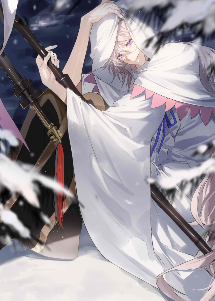 1boy bangs blue_bow blue_ribbon bow bsq cape fate/apocrypha fate/grand_order fate_(series) hair_between_eyes highres holding holding_staff hood hood_up hooded_cape knees_up long_hair looking_at_viewer male_focus merlin_(fate) on_ground ribbon sitting smile snow solo staff very_long_hair white_hair wooden_staff