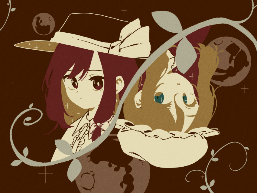 2girls :| aqua_eyes asymmetrical_bangs bangs black_headwear blonde_hair bright_pupils brown_background brown_eyes brown_hair closed_mouth collared_shirt commentary dress expressionless fedora full_moon hair_between_eyes hat hat_ribbon highres leaf looking_at_another looking_at_viewer maribel_hearn medium_hair mob_cap moon moon_rabbit multiple_girls nama_udon parted_lips plant purple_dress ribbon rotational_symmetry shirt short_ponytail side_ponytail sidelocks simple_background sparkle swept_bangs touhou upper_body usami_renko vines white_headwear white_pupils white_ribbon white_shirt