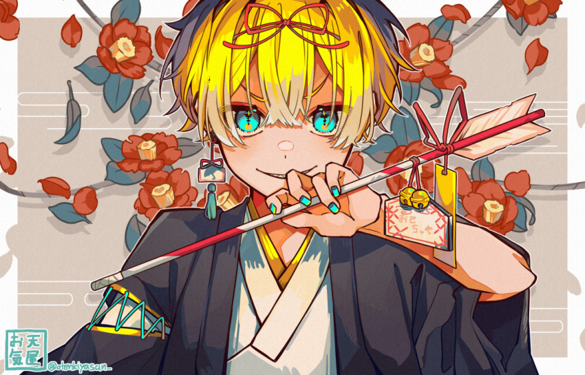 1boy amenochi_hare bishounen blonde_hair blue_eyes bow earrings ema flower hair_bow japanese_clothes jewelry looking_ahead looking_at_viewer male_focus nail_polish original pale_skin sharp_teeth smirk solo teeth traditional_clothes