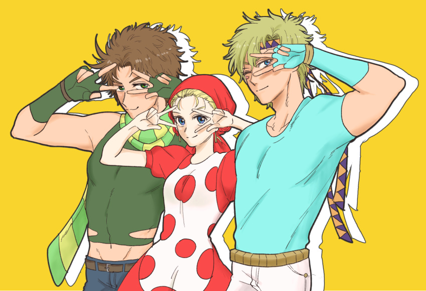 2boys :3 apron battle_tendency blonde_hair blue_eyes brown_hair caesar_anthonio_zeppeli double_v earrings facial_mark feather_hair_ornament feathers fingerless_gloves gloves green_eyes hair_ornament headband jewelry jojo_no_kimyou_na_bouken joseph_joestar joseph_joestar_(young) kazuo_(kaduooooo) male_focus midriff_peek multiple_boys polka_dot polka_dot_apron scarf striped striped_scarf suzi_q triangle_print v v_over_eye