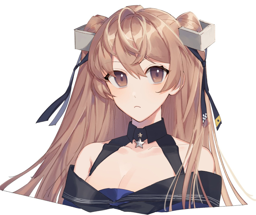 1girl :c bangs black_sailor_collar breasts brown_eyes cleavage closed_mouth hair_between_eyes hair_ribbon headgear highres johnston_(kancolle) kantai_collection light_brown_hair long_hair medium_breasts off_shoulder portrait ribbon sailor_collar simple_background solo star_(symbol) su_konbu two_side_up very_long_hair white_background
