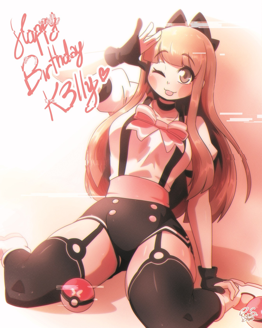 1girl arm_up bangs black_gloves black_legwear black_shorts blonde_hair blunt_bangs breasts brown_eyes closed_mouth collarbone eyebrows_visible_through_hair garter_straps gloves highres large_breasts long_hair looking_at_viewer micro_shorts one_eye_closed partially_fingerless_gloves poke_ball pokemon ryou_sakai shoes short_sleeves shorts sitting sneakers solo thighhighs tongue tongue_out wariza white_footwear